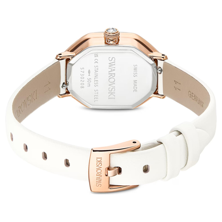 Dextera octagon watch Swiss Made, Leather strap, White, Rose gold-tone finish